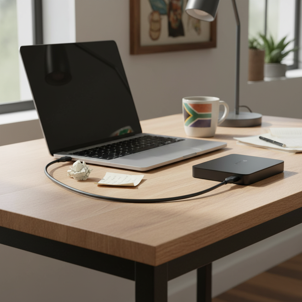 UGREEN USB to Micro USB cable connected to a laptop on a wooden desk with a coffee mug and notes.