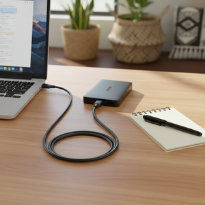 UGREEN USB to Micro USB cable connected to a laptop and portable drive on a wooden desk.