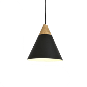 Black pendant light with wooden top and dimensions on a gray background