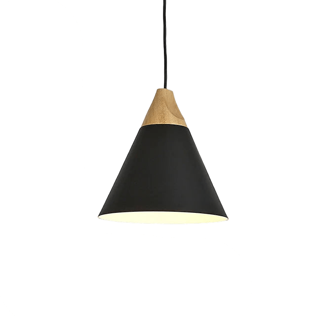 Black pendant light with wooden top and dimensions on a gray background