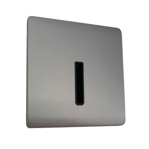 Satin chrome recessed indoor LED step light with a sleek design and narrow light opening.