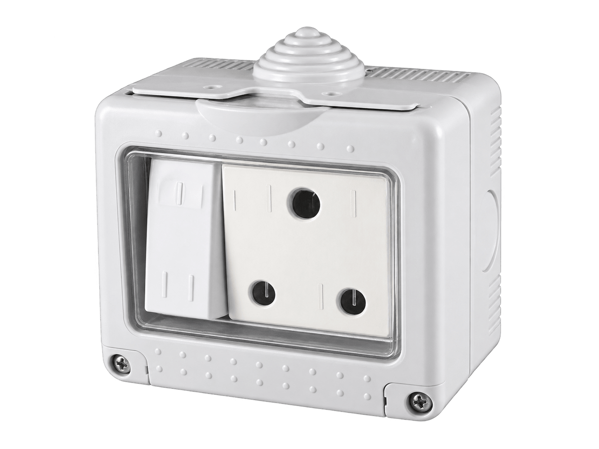 Weatherproof outdoor plug socket on transparent background