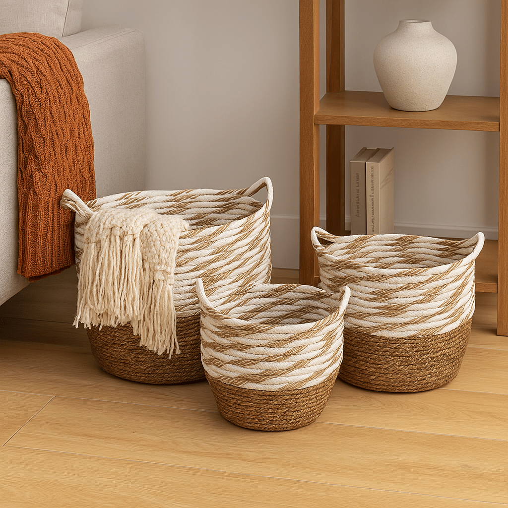 Weaved Baskets Set Of 3 - Brown And White Mix Top - Future Decor