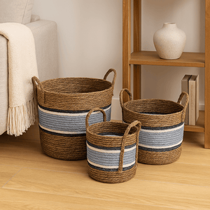 Weaved Baskets Set Of 3 - Thick Grey Stripe Black And White Stripes - Future Decor