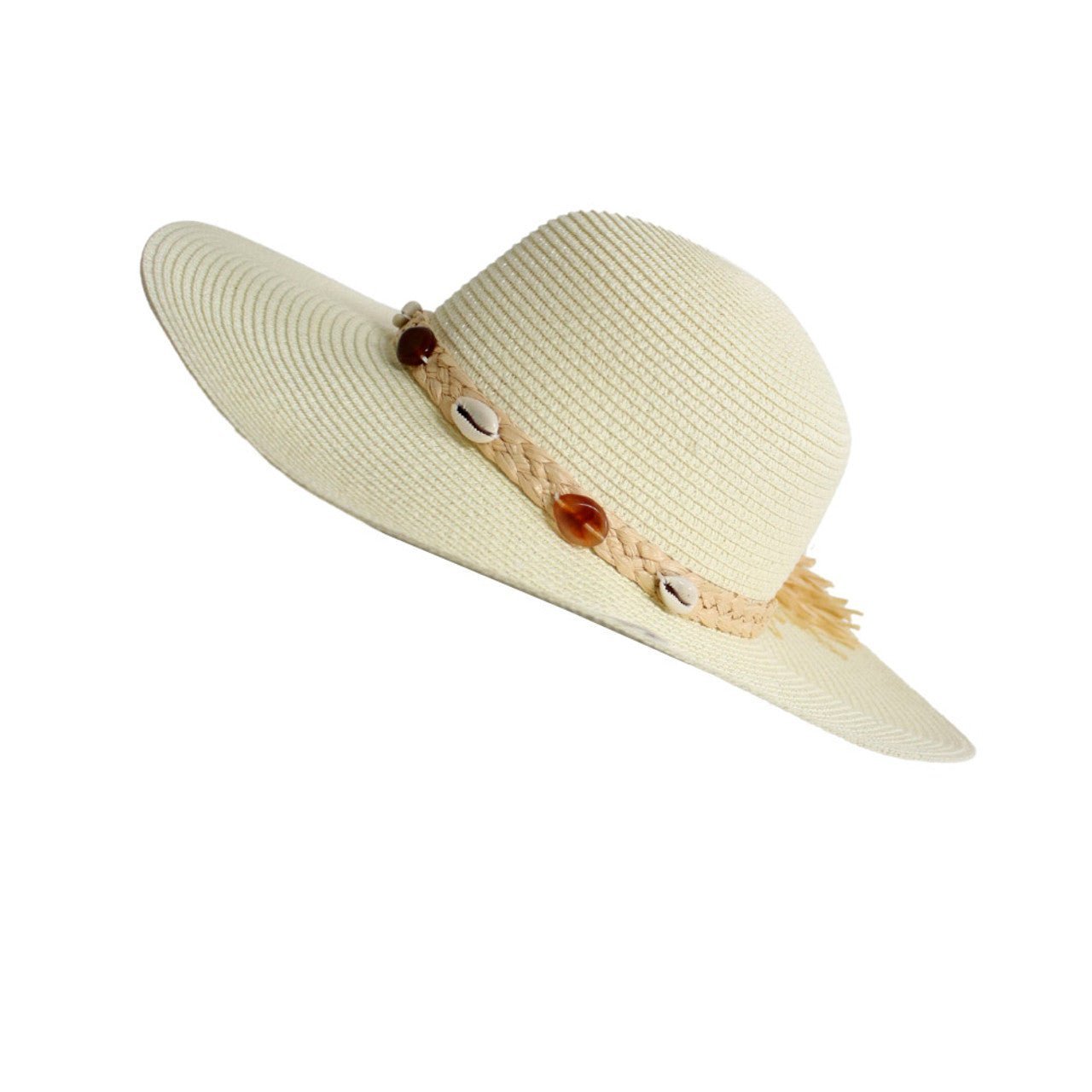 Weaved Hat - White And Beige Braided Band Shells - Future Decor