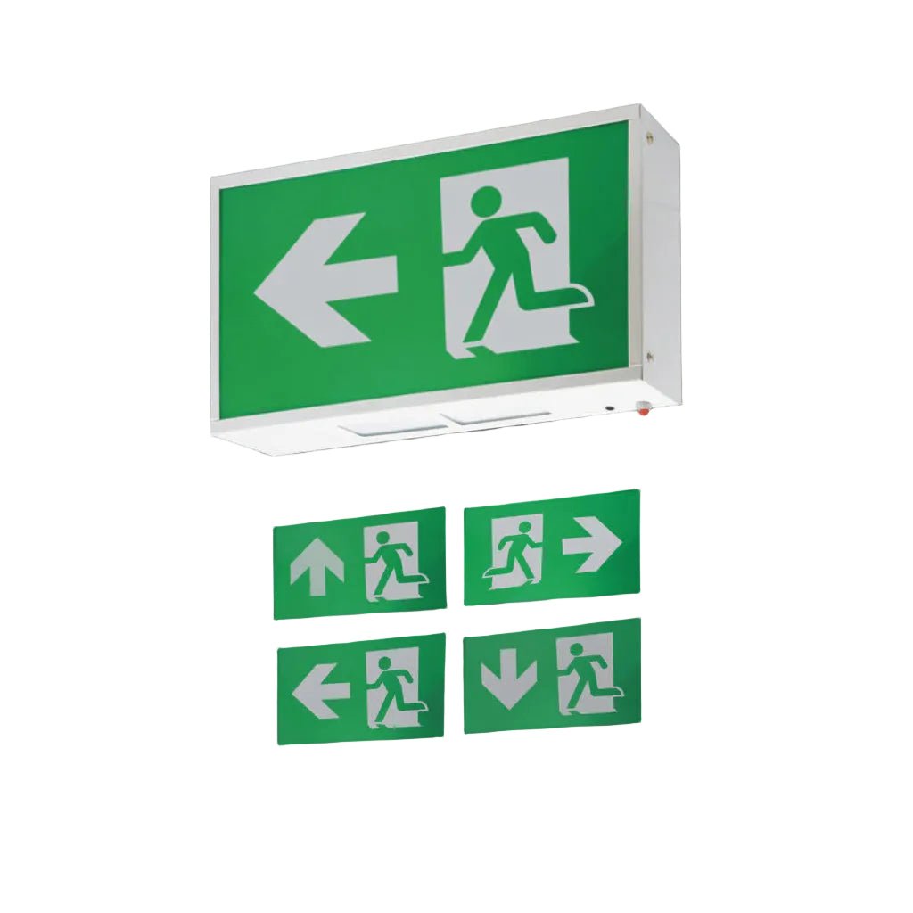 Set of green emergency exit signs with white symbols on a gray background