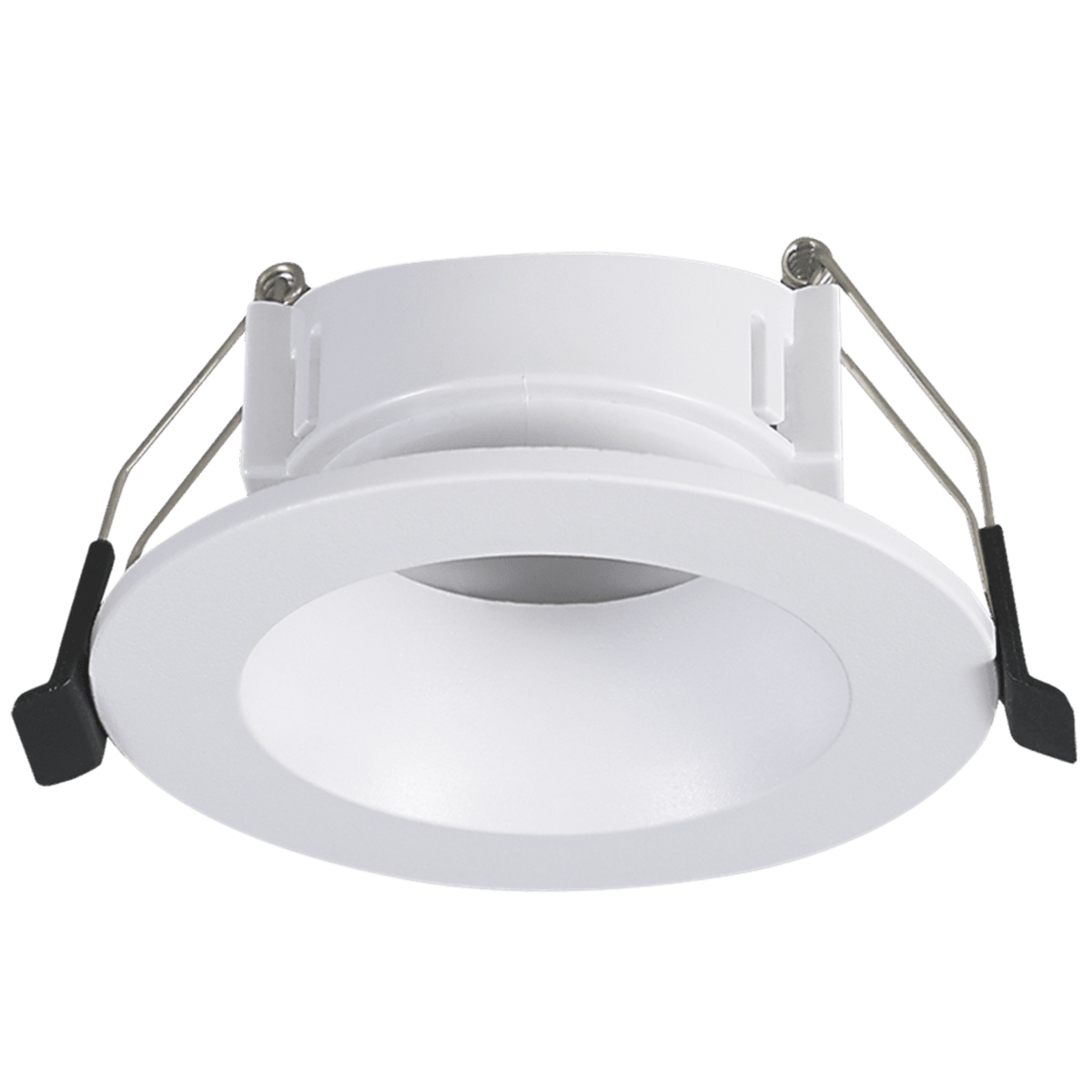 White anti-glare GU10 recessed downlight with black spring clips, transparent background.