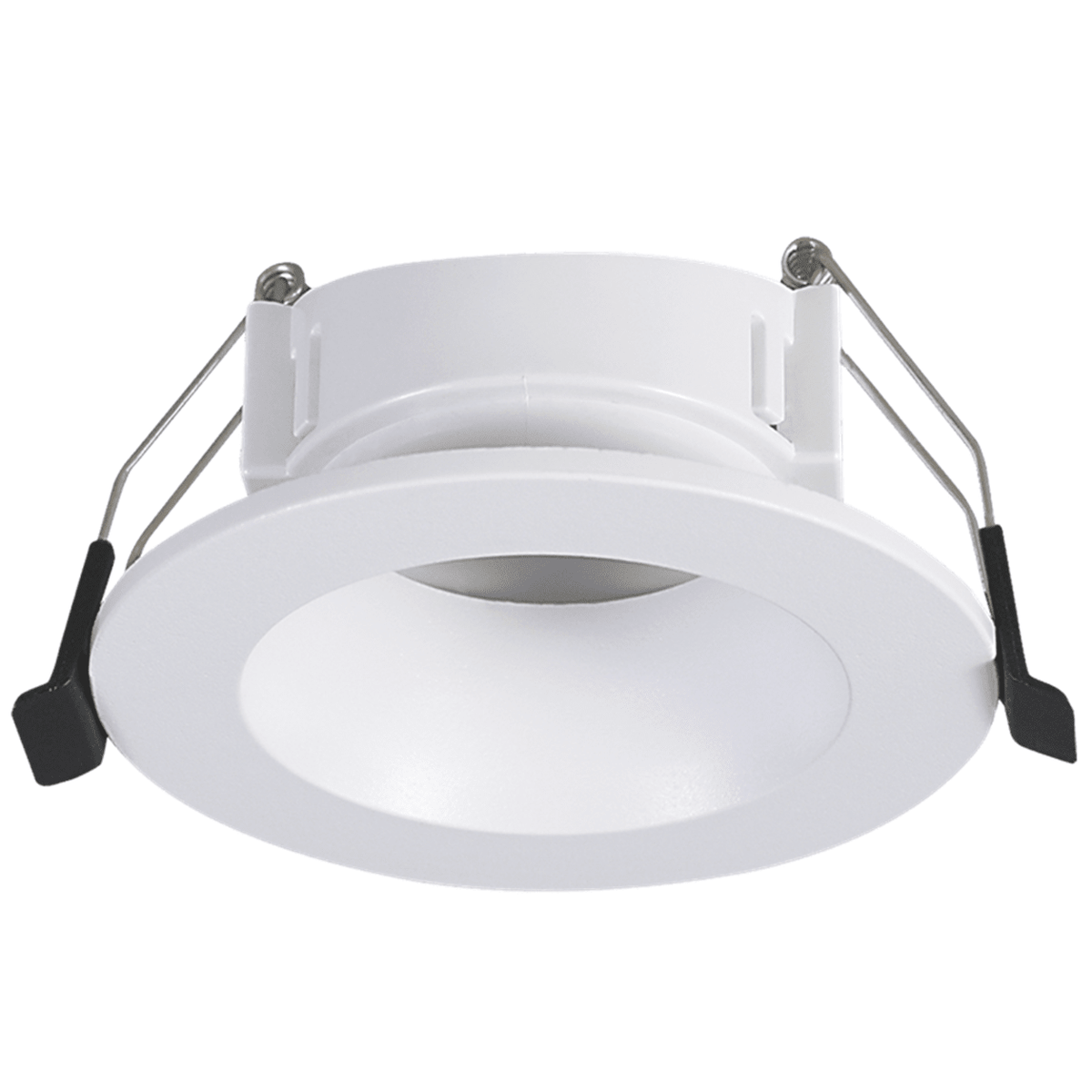 White anti-glare GU10 recessed downlight with black spring clips on a white background.