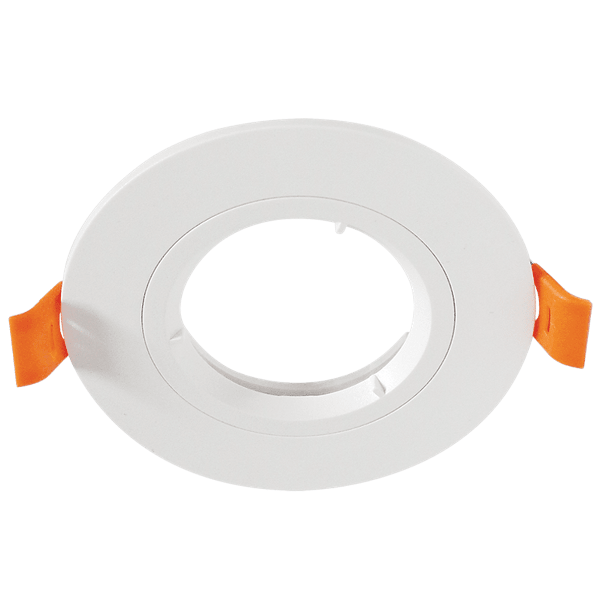 White straight GU10 recessed downlight trim with orange spring clips on a white background.