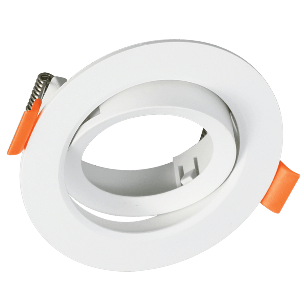 White tilting GU10 recessed downlight trim with orange spring clips, transparent background.