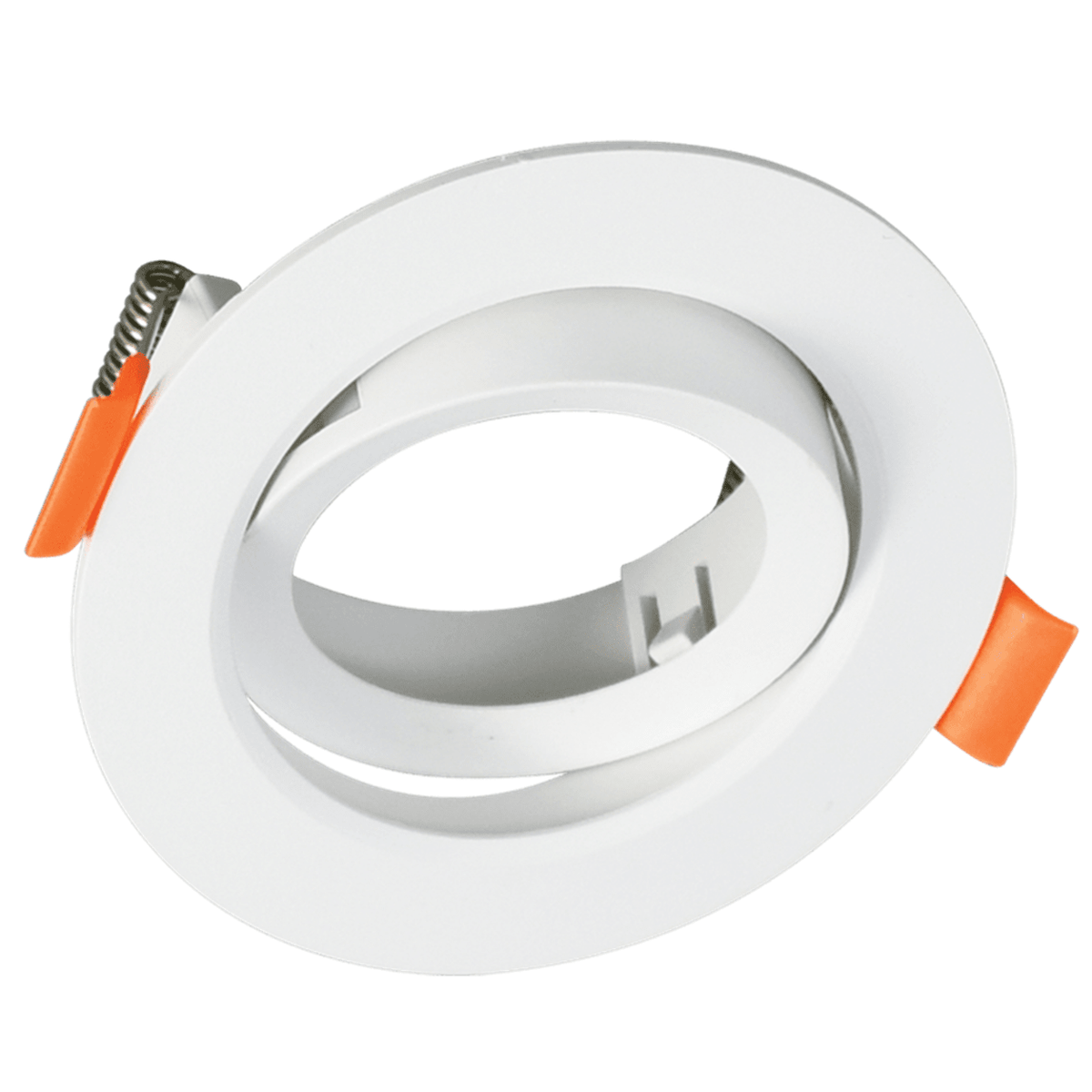 White tilting GU10 recessed downlight trim with orange spring clips on a white background.