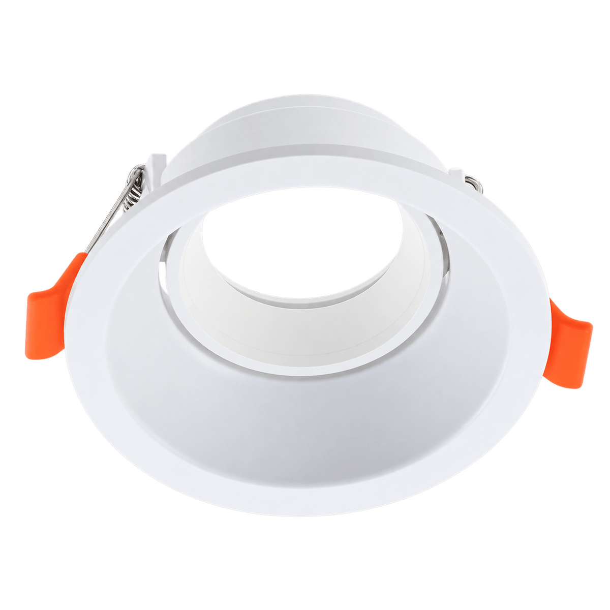 White round low glare downlight holder with orange clips on transparent background