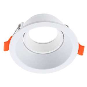 White round low glare downlight holder with orange clips on transparent background