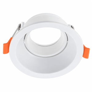 White round low glare downlight holder with orange clips on white background