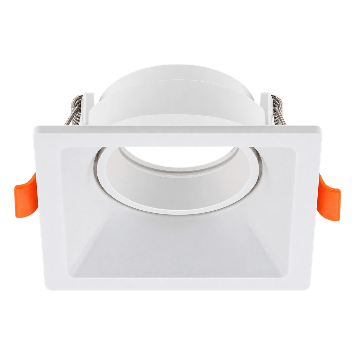 White square low glare downlight holder with orange clips on transparent background
