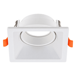 White square low glare downlight holder with orange clips on transparent background