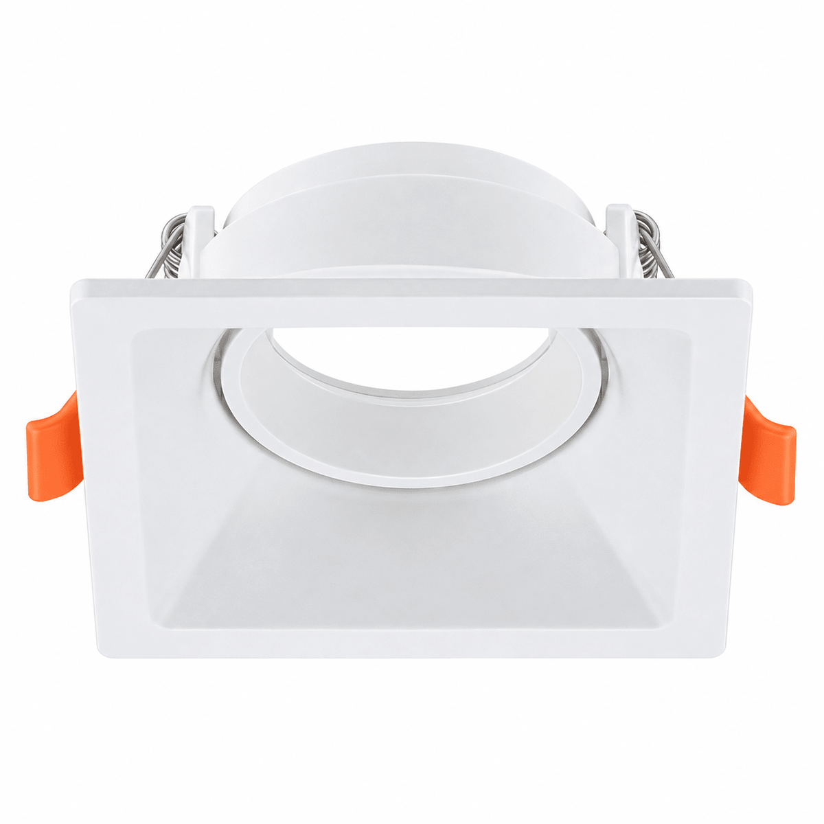 White square low glare downlight holder with orange clips on white background