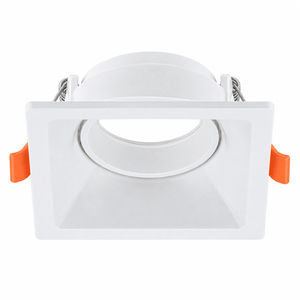 White square low glare downlight holder with orange clips on white background