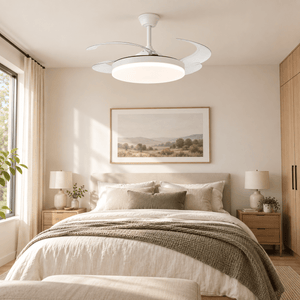 White retractable LED ceiling fan over a bedroom