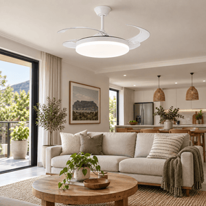White retractable LED ceiling fan above a modern living room
