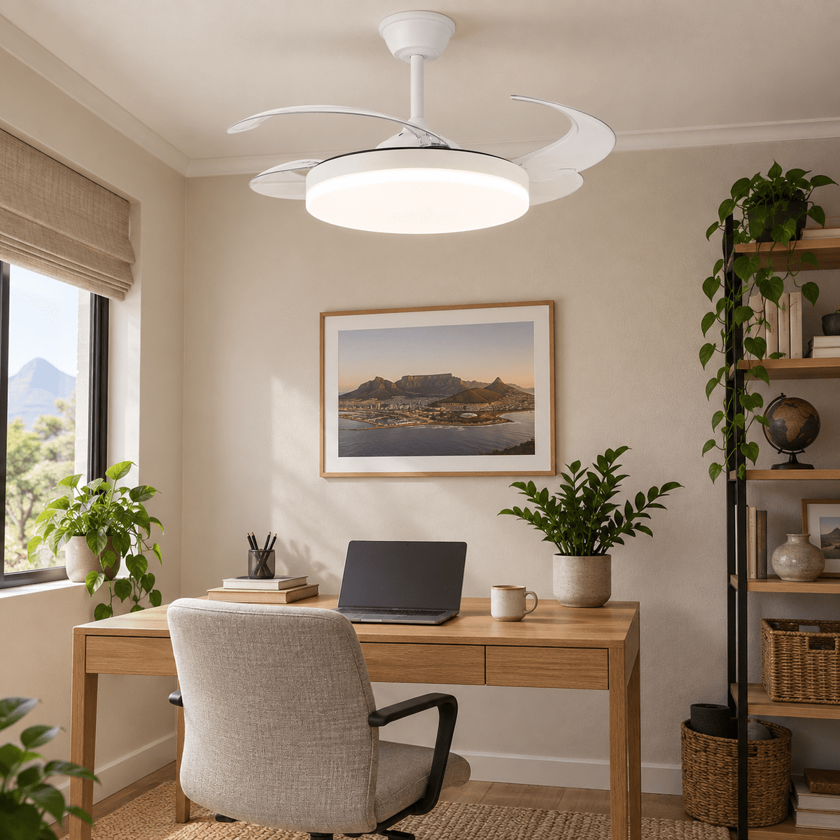 White retractable LED ceiling fan in a home study