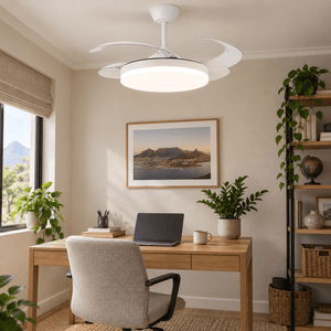 White retractable LED ceiling fan in a home study