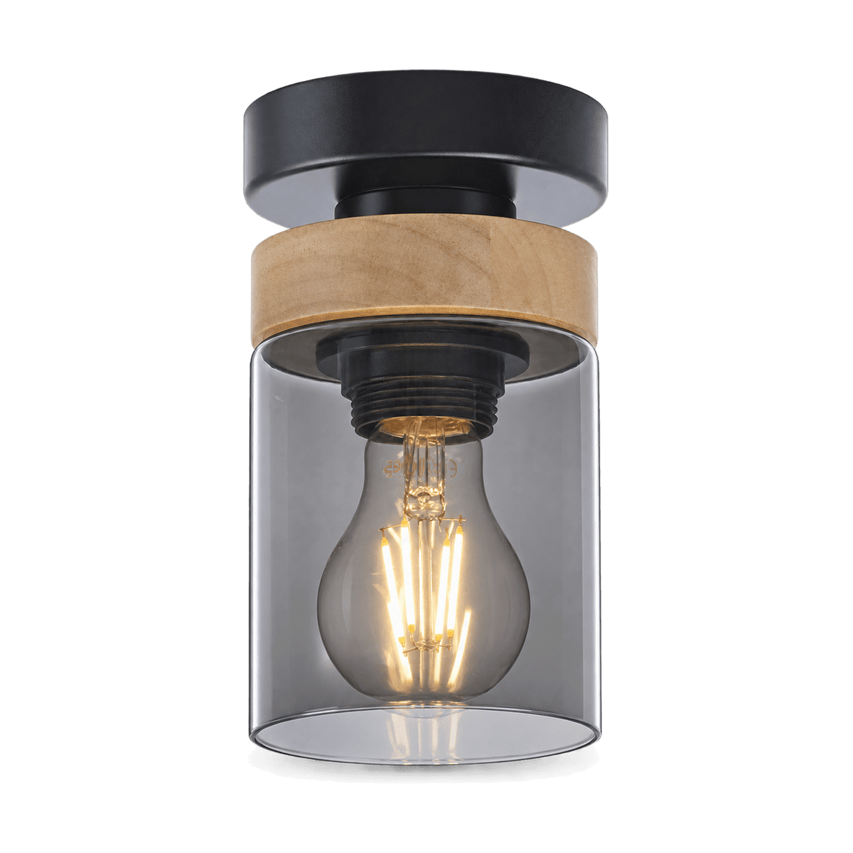 Wood and smoke glass ceiling fitting with bulb, transparent background