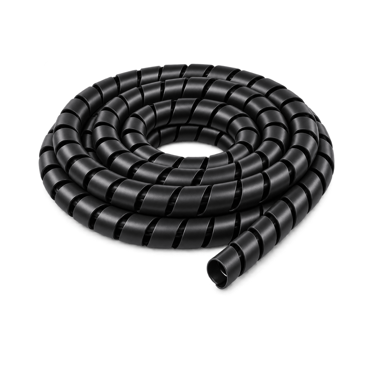 Transparent-background image of a coil of black 15mm spiral wrap cable organiser