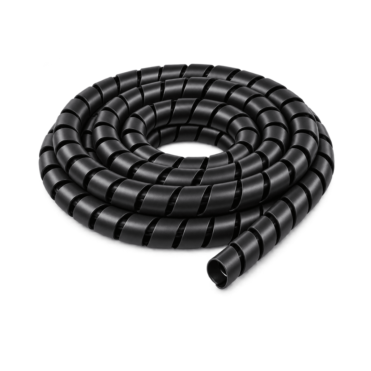 Black 15mm spiral wrap cable organiser coil on white background