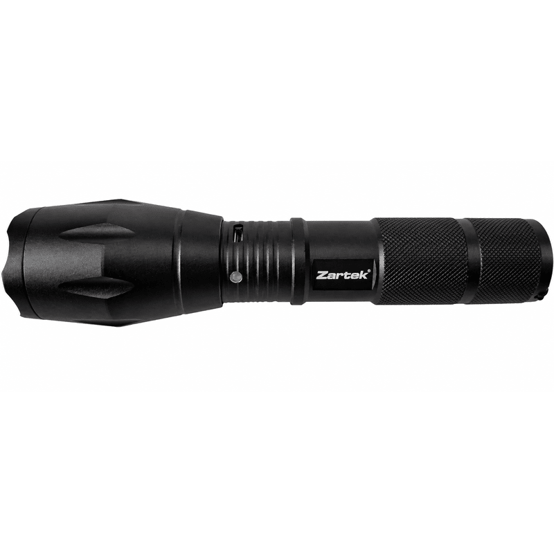 Black Zartek LED tactical flashlight, side view, white background