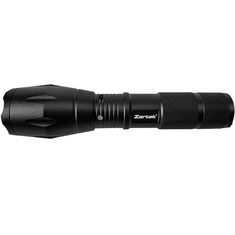 Black Zartek LED tactical flashlight with textured grip against green background