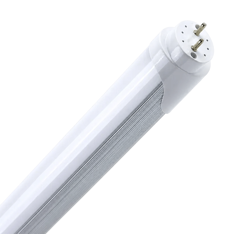 White 600mm LED T8 food display tube with bi-pin base, ribbed interior, against green background
