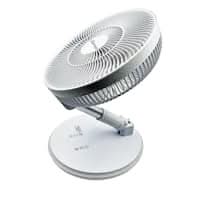 White desk fan with adjustable tilt on a round base, viewed from a side angle.