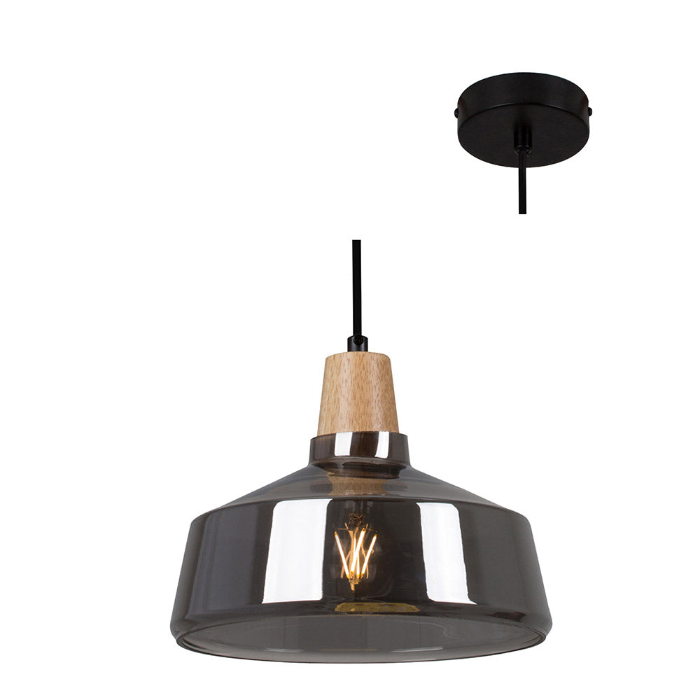 Tallinn Pendant Black & Wood with Smoke Glass P929SM - Future Light - LED Lights South Africa